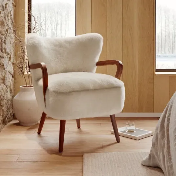 Occasional Chair with Wooden Arms - Natural, Faux Fur image