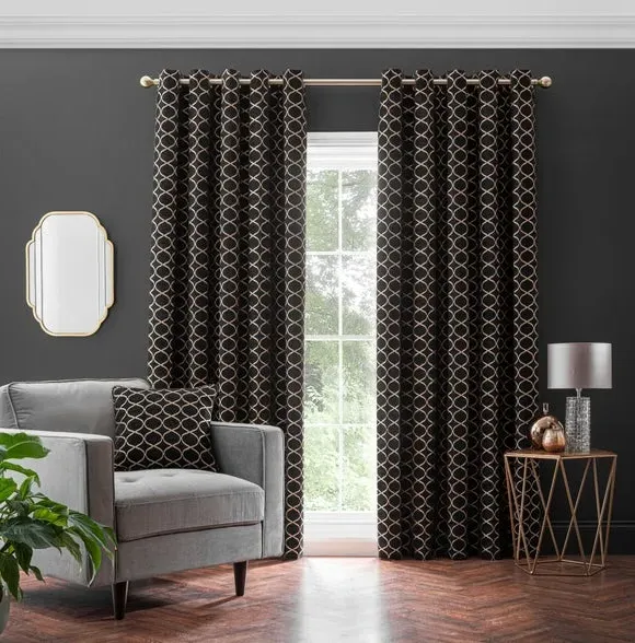 Ogee Eyelet Curtains - Black, Chenille