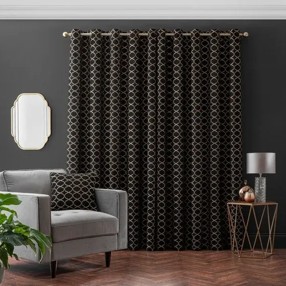 Ogee Eyelet Curtains - Black, Chenille