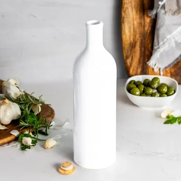 Oil Bottle with Bamboo Stopper - White, Ceramic
