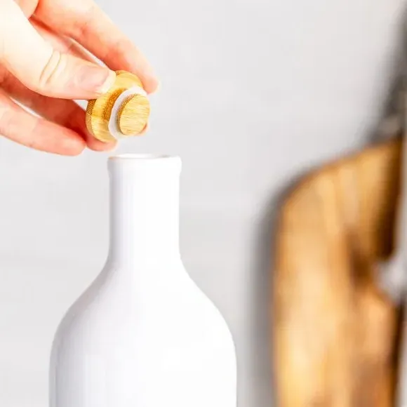 Oil Bottle with Bamboo Stopper - White, Ceramic