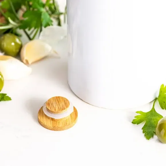 Oil Bottle with Bamboo Stopper - White, Ceramic