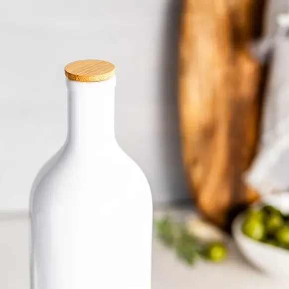 Oil Bottle with Bamboo Stopper - White, Ceramic