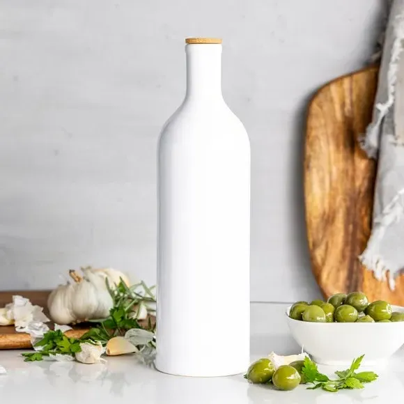Oil Bottle with Bamboo Stopper - White, Ceramic image