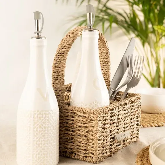 Oil & Vinegar Bottle Set with Holder - Cream