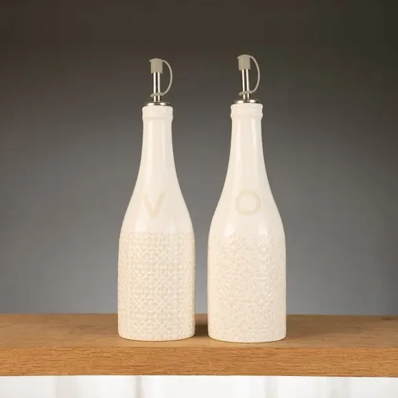 Oil & Vinegar Bottle Set with Holder - Cream