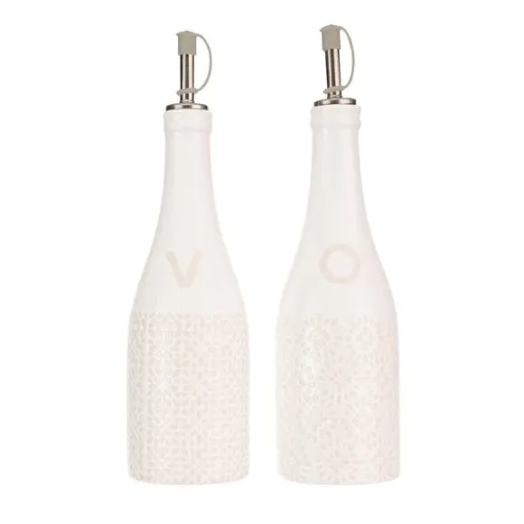 Oil & Vinegar Bottle Set with Holder - Cream