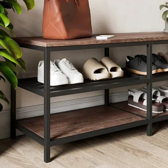 Open Shoe Bench with 4 Shelves - Pine, Metal