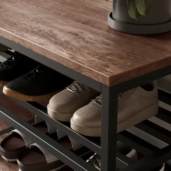 Open Shoe Bench with 4 Shelves - Pine, Metal