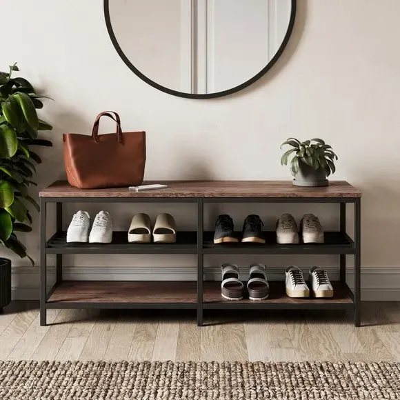 Open Shoe Bench with 4 Shelves - Pine, Metal image