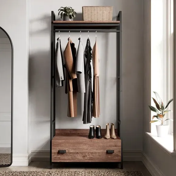 Open Wardrobe with Drawers - Pine, Metal Frame image