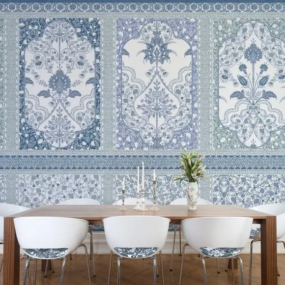Ornate Wall Mural Panelling - Blue, Matt Finish