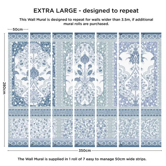 Ornate Wall Mural Panelling - Blue, Matt Finish