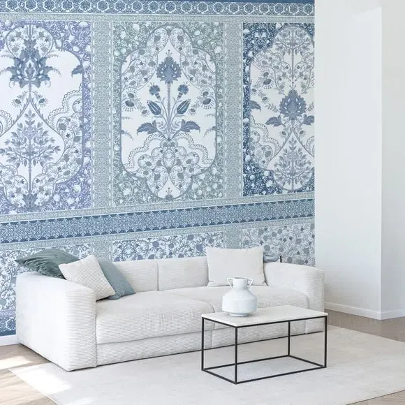 Ornate Wall Mural Panelling - Blue, Matt Finish