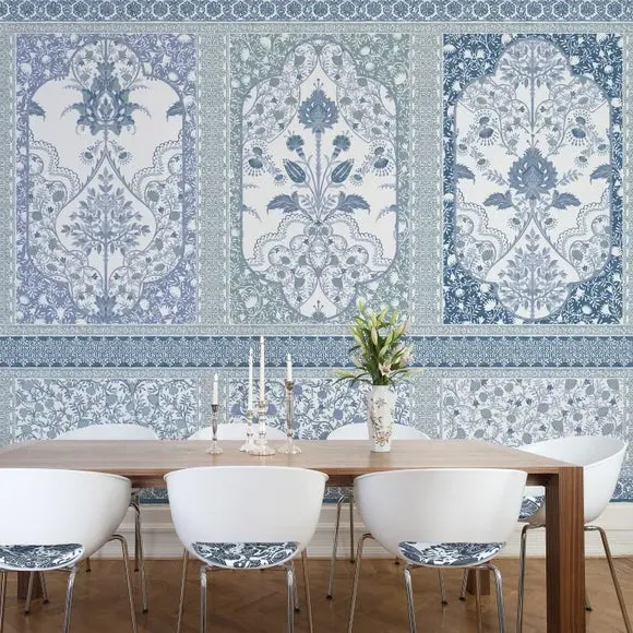 Ornate Wall Mural Panelling - Blue, Matt Finish