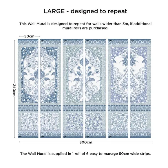 Ornate Wall Mural Panelling - Blue, Matt Finish