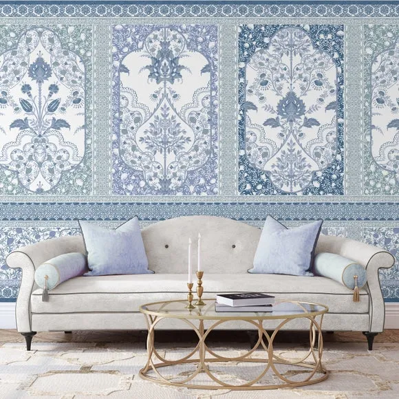 Ornate Wall Mural Panelling - Blue, Matt Finish