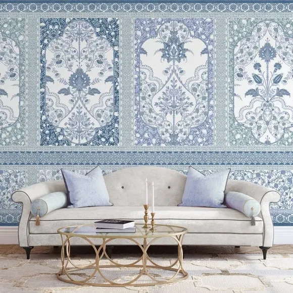 Ornate Wall Mural Panelling - Blue, Matt Finish
