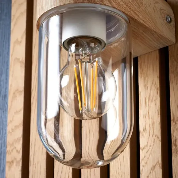 Outdoor Wall Light with Glass Shade - Natural Wood