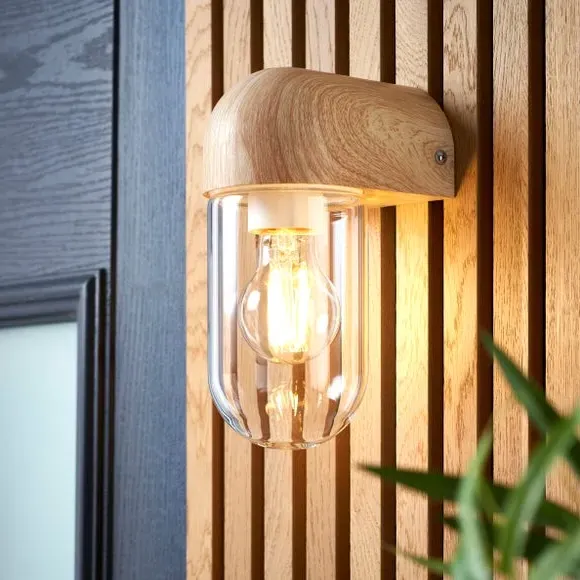 Outdoor Wall Light with Glass Shade - Natural Wood image