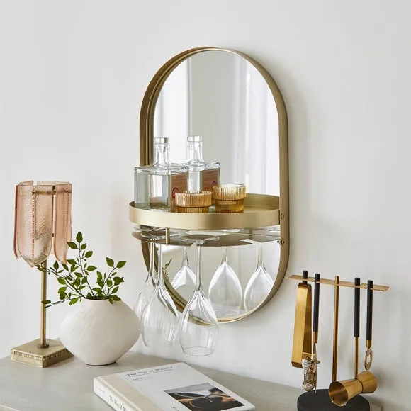Oval Bar Shelf with Mirror - Gold, Metal