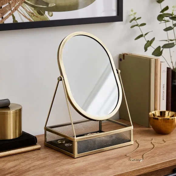Oval Dressing Table Mirror with Storage - Gold