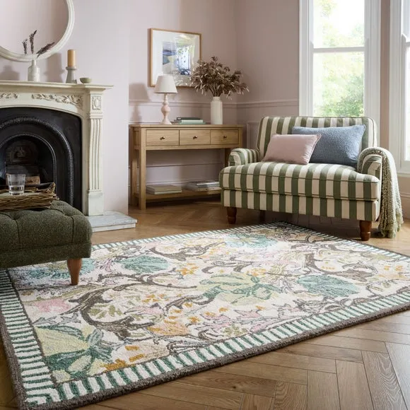 Oval Floral Rug with Loop Pile - Multicoloured, Wool image