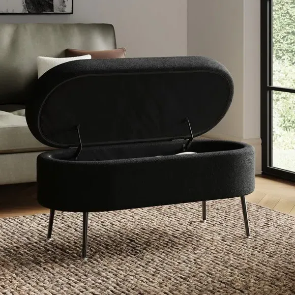 Oval Storage Ottoman - Black, Boucle