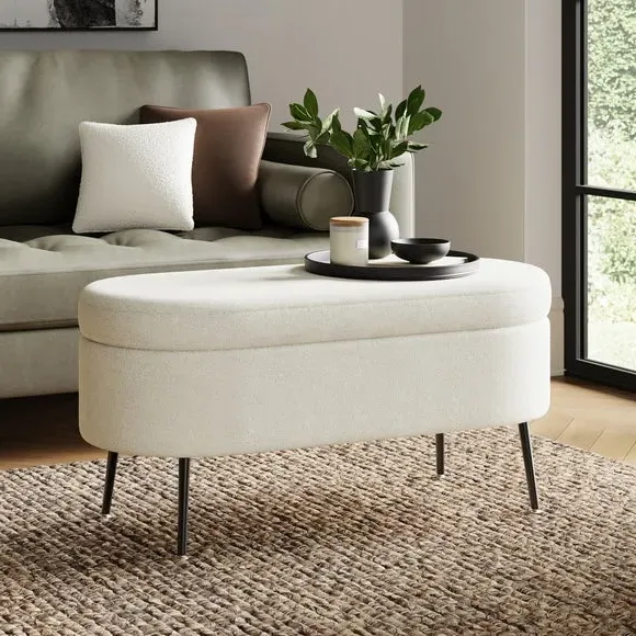 Oval Storage Ottoman - Ivory, Boucle