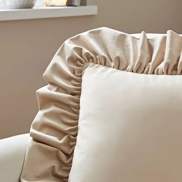 Oversized Square Cushion with Frill - Beige, Velour