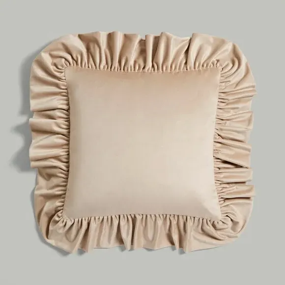 Oversized Square Cushion with Frill - Beige, Velour