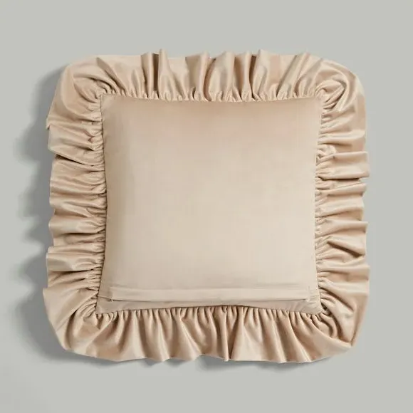 Oversized Square Cushion with Frill - Beige, Velour