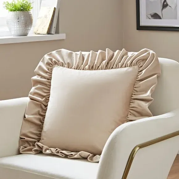 Oversized Square Cushion with Frill - Beige, Velour image