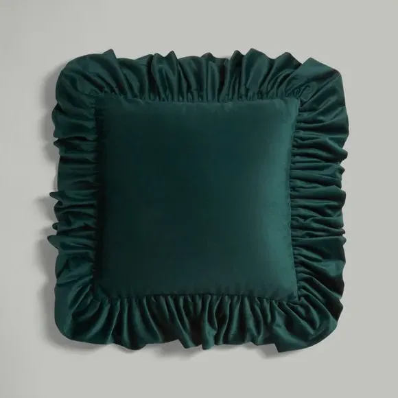 Oversized Square Cushion with Frill - Green, Velour