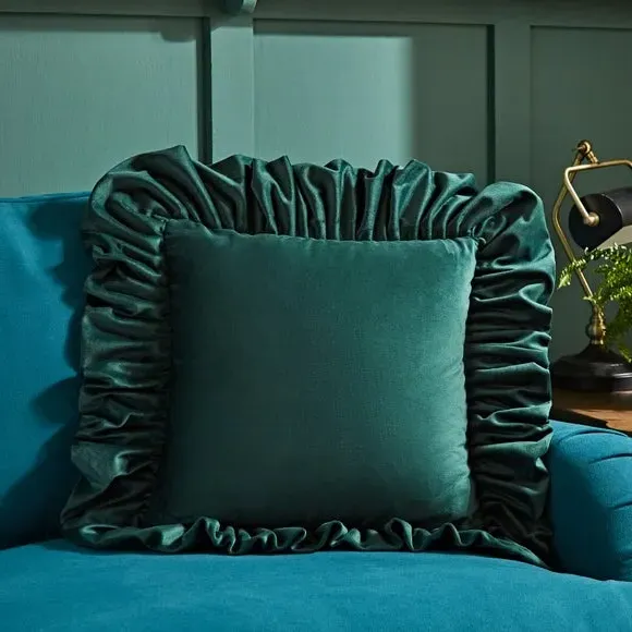 Oversized Square Cushion with Frill - Green, Velour