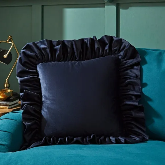 Oversized Square Cushion with Frill - Navy, Velour