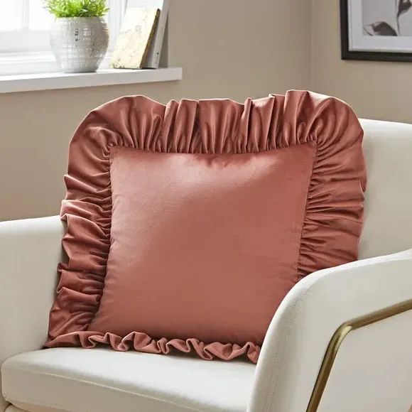 Oversized Square Cushion with Frill - Pink, Velour