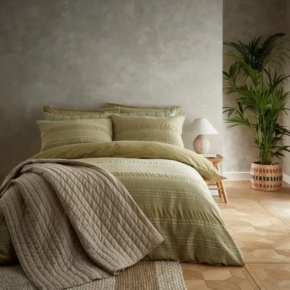 Oxford Pillowcase Embroidered - Soft Olive, Cotton