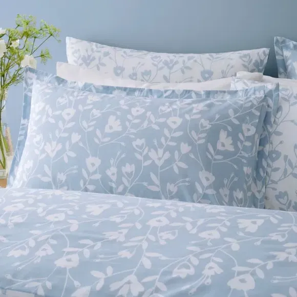 Oxford Pillowcase Floral Design - Blue, Cotton