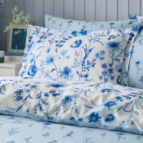 Oxford Pillowcase Floral Design - Blue, Cotton