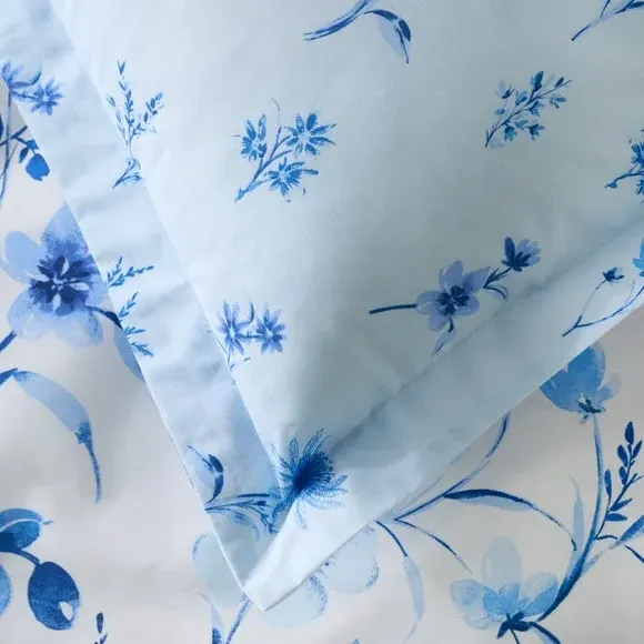 Oxford Pillowcase Floral Design - Blue, Cotton