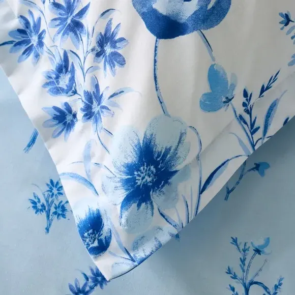 Oxford Pillowcase Floral Design - Blue, Cotton