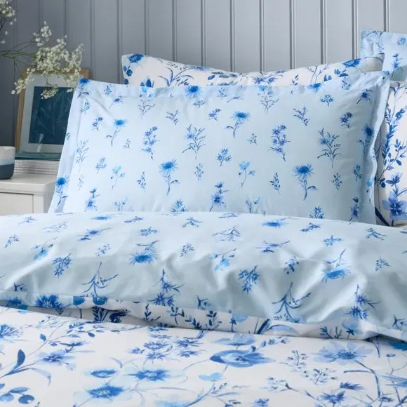 Oxford Pillowcase Floral Design - Blue, Cotton image