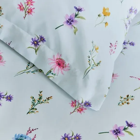 Oxford Pillowcase Floral Design - Soft Blue, Cotton