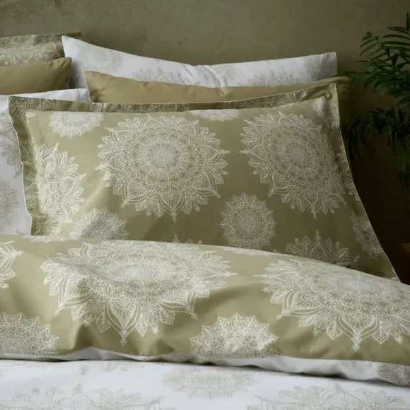 Oxford Pillowcase Mandala Design - Olive, Polycotton