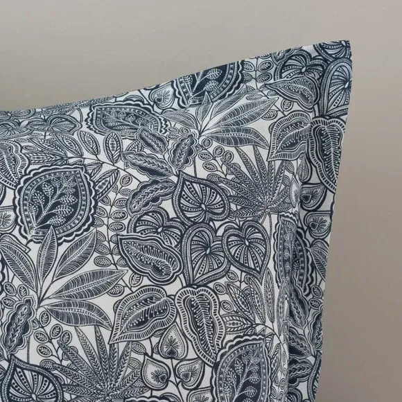 Oxford Pillowcase with Leaf Design - Blue, Cotton