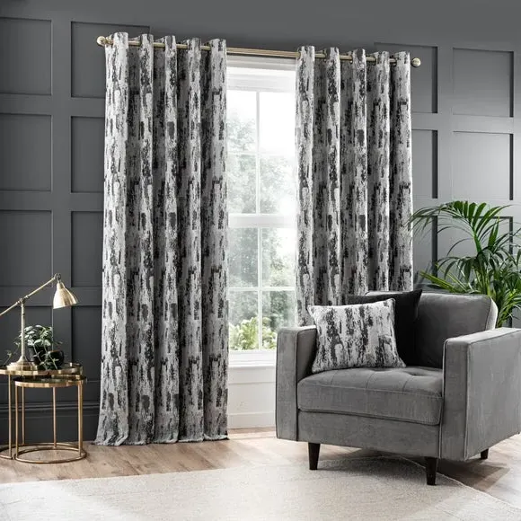 Pair Eyelet Curtains Abstract Design - Charcoal