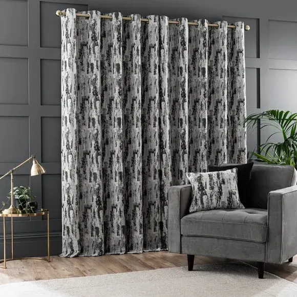 Pair Eyelet Curtains Abstract Design - Charcoal