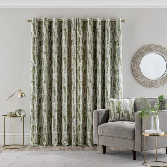 Pair Eyelet Curtains Abstract Design - Moss Green