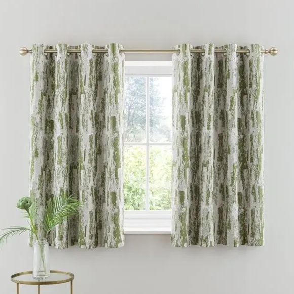 Pair Eyelet Curtains Abstract Design - Moss Green